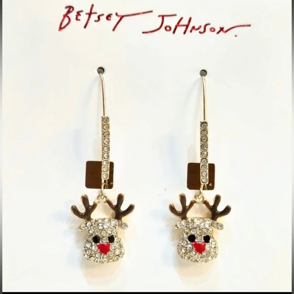 BETSEY JOHNSON Christmas Holiday Reindeer Dangle Crystals Bling Earrings NEW NWT